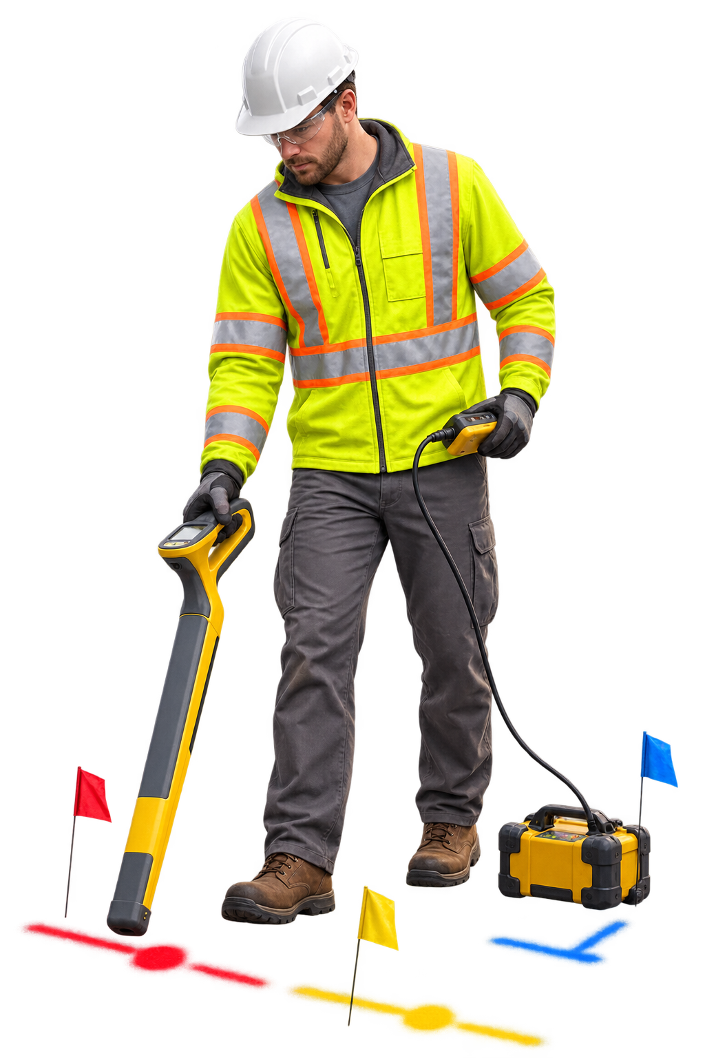CNC utility designation technician in Class 3 safety apparel operating an electromagnetic locator